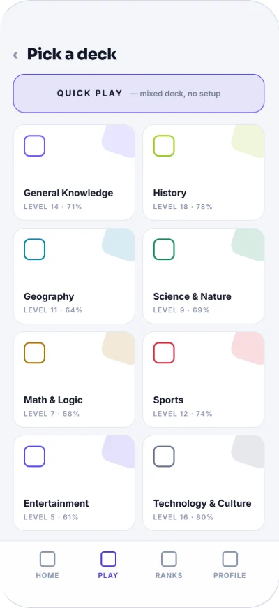 XV Rush design: a deck selection screen with a quick play option and trivia categories such as General Knowledge, History, Geography and Science & Nature.