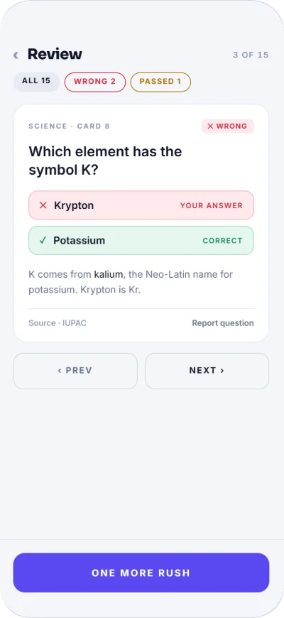 XV Rush design: a round review screen showing card 3 of 15, a science question with two answer options, the chosen answer marked wrong and the correct answer highlighted.